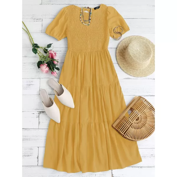 imageZESICA Womens 2023 Casual Summer Crew Neck Short Puff Sleeve Smocked High Waist Ruffle Tiered A Line Midi DressYellow