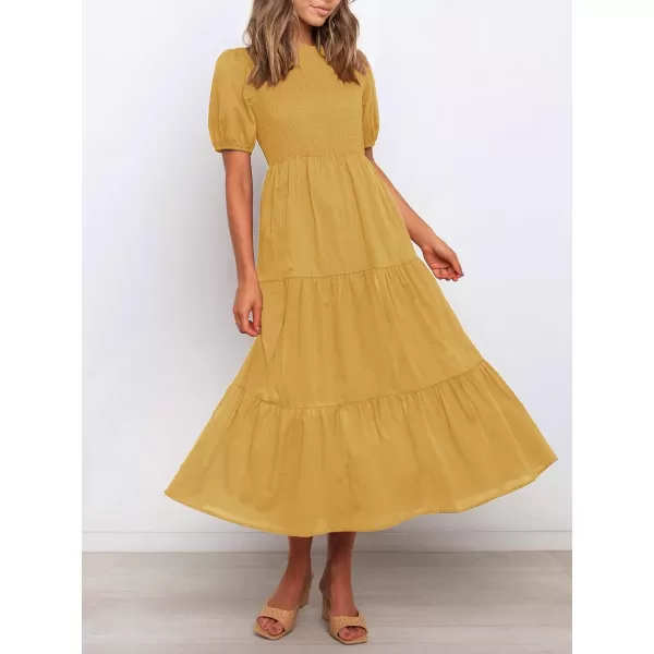 imageZESICA Womens 2023 Casual Summer Crew Neck Short Puff Sleeve Smocked High Waist Ruffle Tiered A Line Midi DressYellow