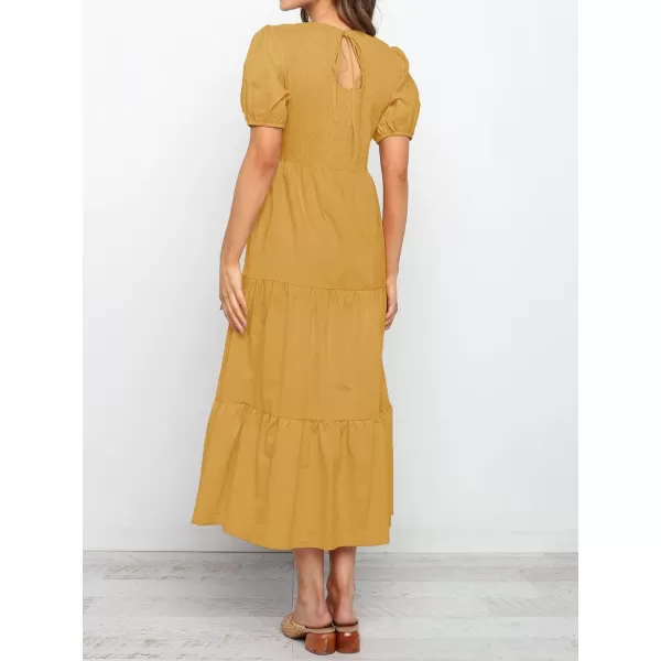 imageZESICA Womens 2023 Casual Summer Crew Neck Short Puff Sleeve Smocked High Waist Ruffle Tiered A Line Midi DressYellow