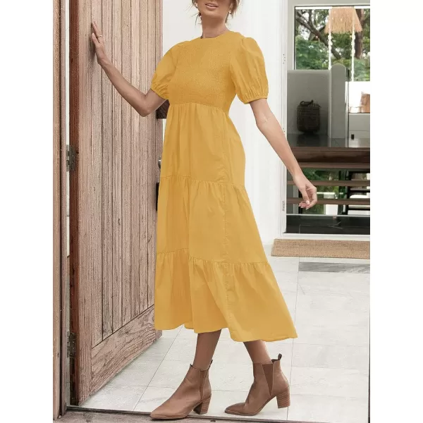 imageZESICA Womens 2023 Casual Summer Crew Neck Short Puff Sleeve Smocked High Waist Ruffle Tiered A Line Midi DressYellow