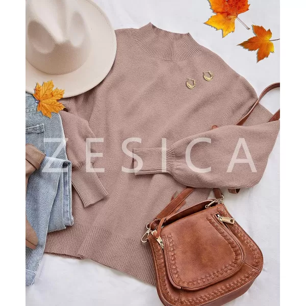 imageZESICA Womens 2023 Casual Turtleneck Long Lantern Sleeve Oversized Ribbed Knit Pullover Sweater Jumper TopAlmond