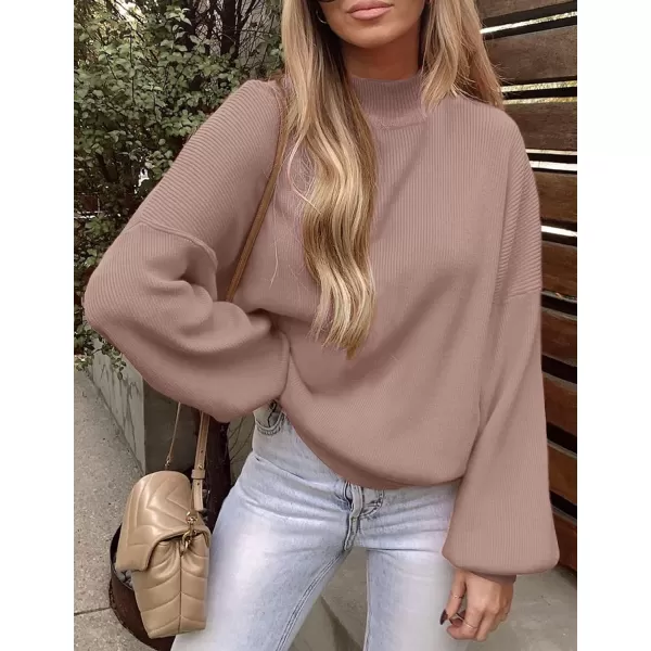 imageZESICA Womens 2023 Casual Turtleneck Long Lantern Sleeve Oversized Ribbed Knit Pullover Sweater Jumper TopAlmond