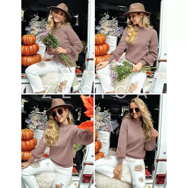 imageZESICA Womens 2023 Casual Turtleneck Long Lantern Sleeve Oversized Ribbed Knit Pullover Sweater Jumper TopAlmond