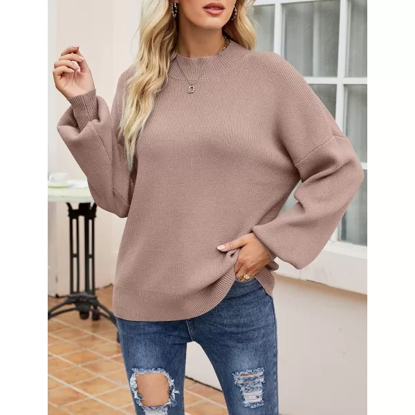 imageZESICA Womens 2023 Casual Turtleneck Long Lantern Sleeve Oversized Ribbed Knit Pullover Sweater Jumper TopAlmond