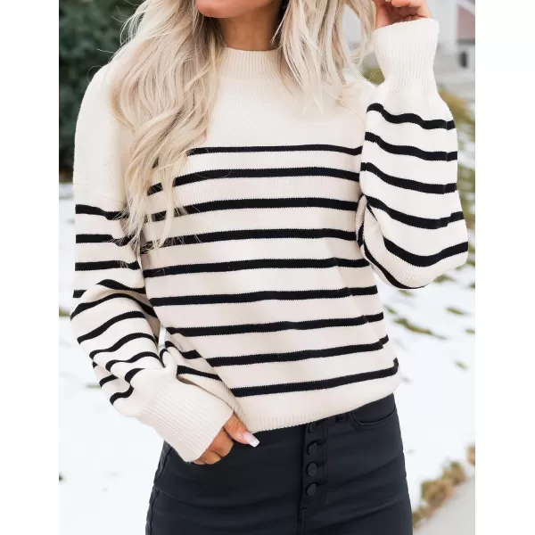 imageZESICA Womens 2023 Casual Turtleneck Long Lantern Sleeve Oversized Ribbed Knit Pullover Sweater Jumper TopApricotstripe
