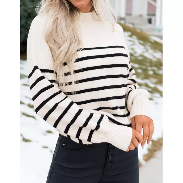 imageZESICA Womens 2023 Casual Turtleneck Long Lantern Sleeve Oversized Ribbed Knit Pullover Sweater Jumper TopApricotstripe
