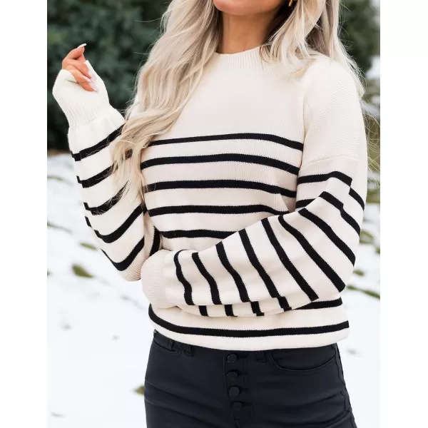 imageZESICA Womens 2023 Casual Turtleneck Long Lantern Sleeve Oversized Ribbed Knit Pullover Sweater Jumper TopApricotstripe