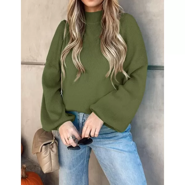 imageZESICA Womens 2023 Casual Turtleneck Long Lantern Sleeve Oversized Ribbed Knit Pullover Sweater Jumper TopArmygreen