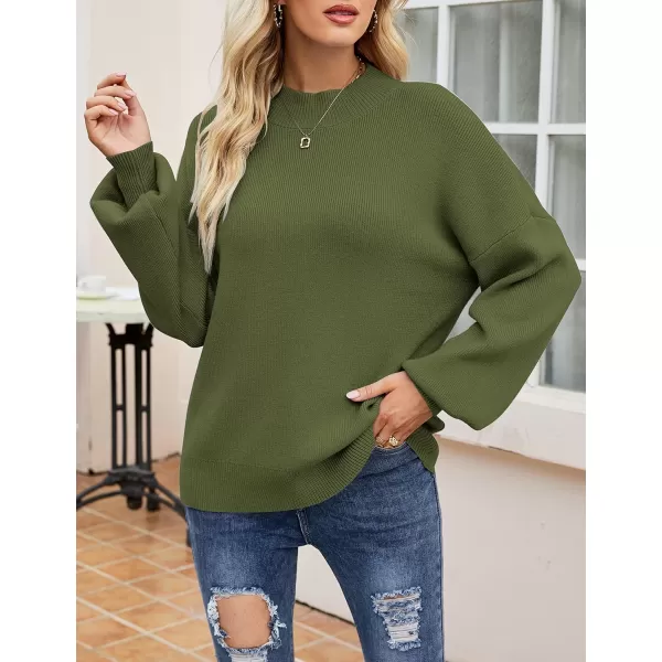 imageZESICA Womens 2023 Casual Turtleneck Long Lantern Sleeve Oversized Ribbed Knit Pullover Sweater Jumper TopArmygreen