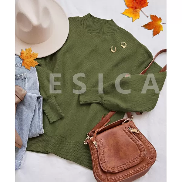 imageZESICA Womens 2023 Casual Turtleneck Long Lantern Sleeve Oversized Ribbed Knit Pullover Sweater Jumper TopArmygreen
