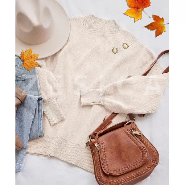 imageZESICA Womens 2023 Casual Turtleneck Long Lantern Sleeve Oversized Ribbed Knit Pullover Sweater Jumper TopBeige