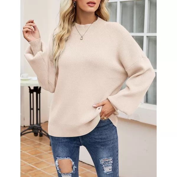 imageZESICA Womens 2023 Casual Turtleneck Long Lantern Sleeve Oversized Ribbed Knit Pullover Sweater Jumper TopBeige