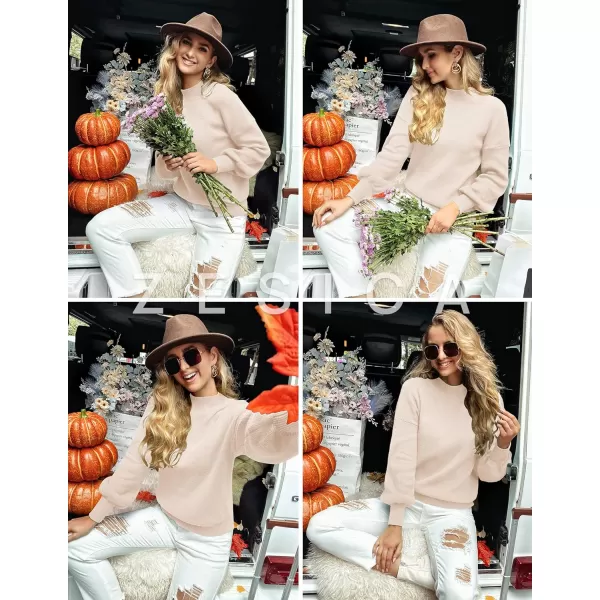 imageZESICA Womens 2023 Casual Turtleneck Long Lantern Sleeve Oversized Ribbed Knit Pullover Sweater Jumper TopBeige