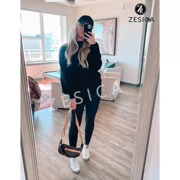 imageZESICA Womens 2023 Casual Turtleneck Long Lantern Sleeve Oversized Ribbed Knit Pullover Sweater Jumper TopBlack