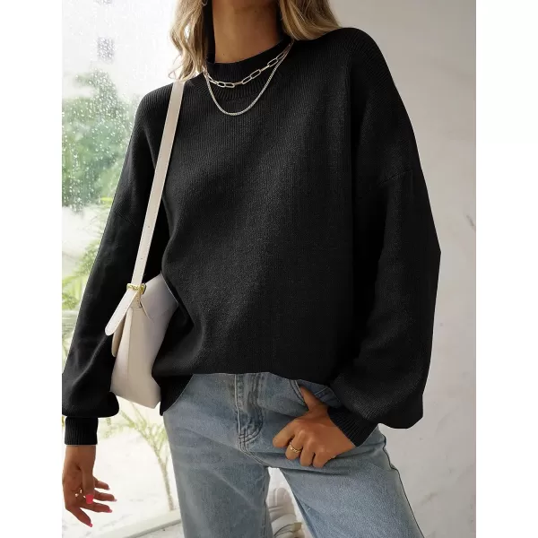 imageZESICA Womens 2023 Casual Turtleneck Long Lantern Sleeve Oversized Ribbed Knit Pullover Sweater Jumper TopBlack
