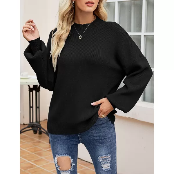 imageZESICA Womens 2023 Casual Turtleneck Long Lantern Sleeve Oversized Ribbed Knit Pullover Sweater Jumper TopBlack