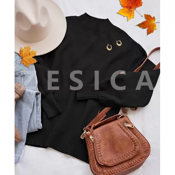 imageZESICA Womens 2023 Casual Turtleneck Long Lantern Sleeve Oversized Ribbed Knit Pullover Sweater Jumper TopBlack