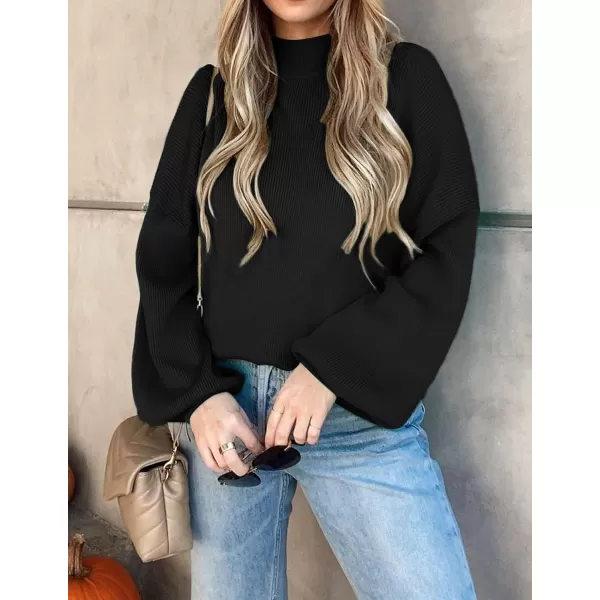 imageZESICA Womens 2023 Casual Turtleneck Long Lantern Sleeve Oversized Ribbed Knit Pullover Sweater Jumper TopBlack