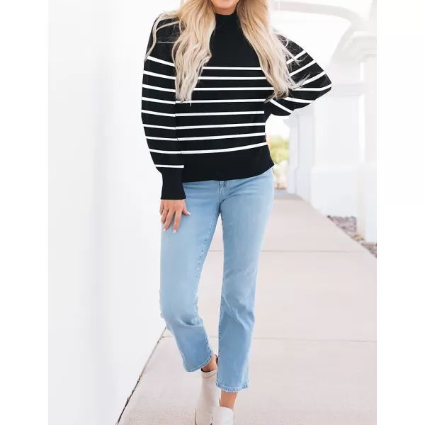 imageZESICA Womens 2023 Casual Turtleneck Long Lantern Sleeve Oversized Ribbed Knit Pullover Sweater Jumper TopBlackstripe