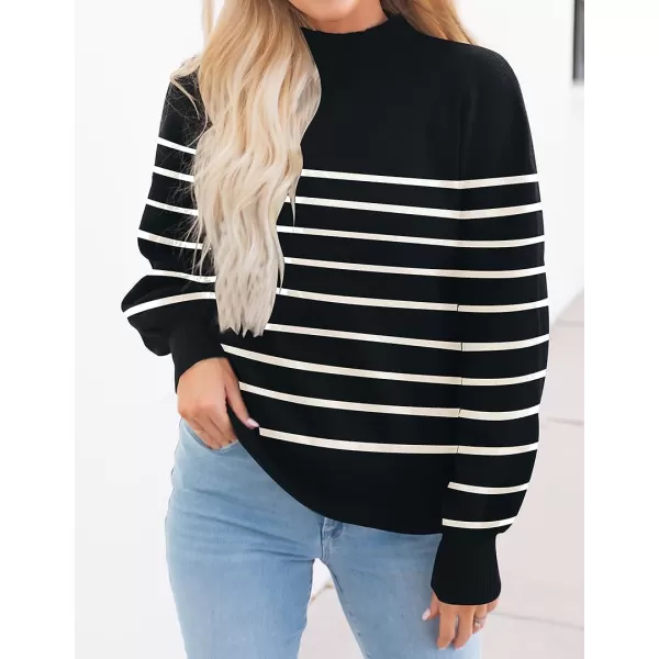 imageZESICA Womens 2023 Casual Turtleneck Long Lantern Sleeve Oversized Ribbed Knit Pullover Sweater Jumper TopBlackstripe