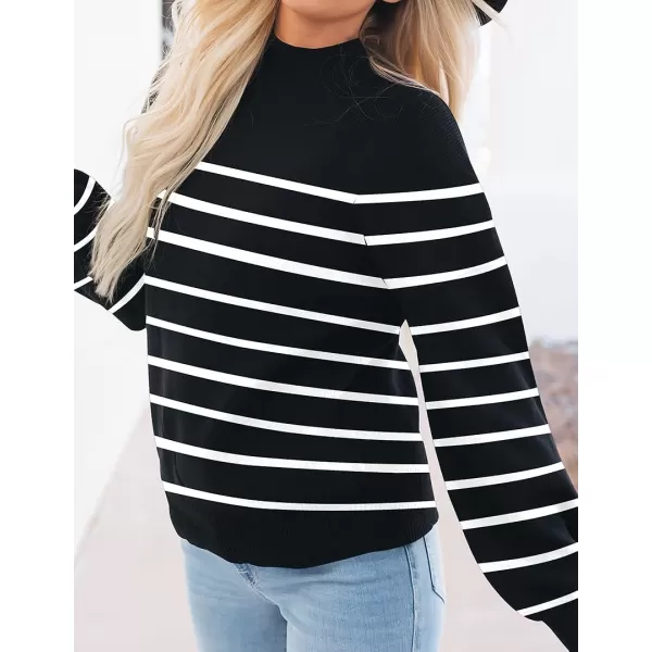 imageZESICA Womens 2023 Casual Turtleneck Long Lantern Sleeve Oversized Ribbed Knit Pullover Sweater Jumper TopBlackstripe