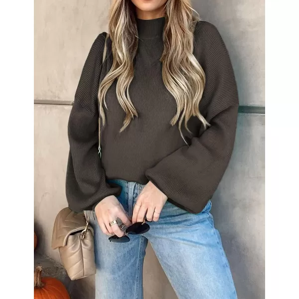 imageZESICA Womens 2023 Casual Turtleneck Long Lantern Sleeve Oversized Ribbed Knit Pullover Sweater Jumper TopCoffee