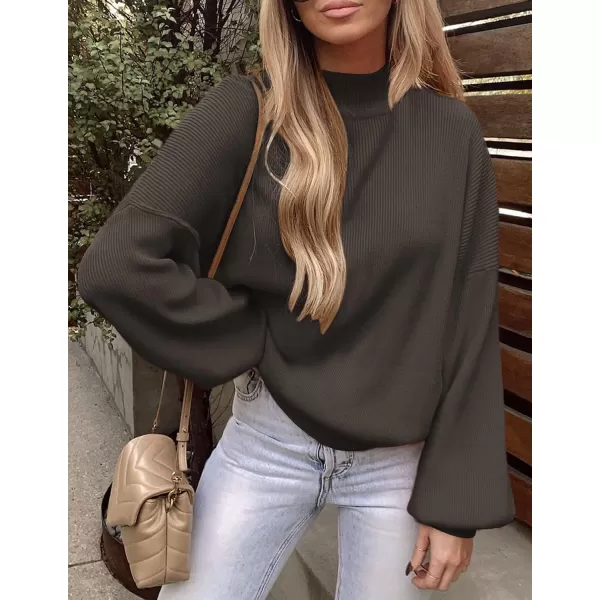 imageZESICA Womens 2023 Casual Turtleneck Long Lantern Sleeve Oversized Ribbed Knit Pullover Sweater Jumper TopCoffee