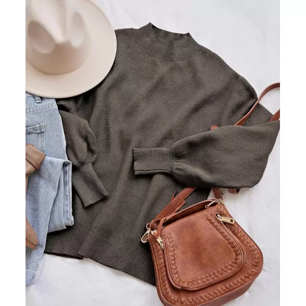 imageZESICA Womens 2023 Casual Turtleneck Long Lantern Sleeve Oversized Ribbed Knit Pullover Sweater Jumper TopCoffee