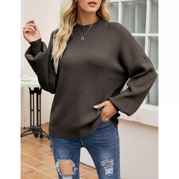 imageZESICA Womens 2023 Casual Turtleneck Long Lantern Sleeve Oversized Ribbed Knit Pullover Sweater Jumper TopCoffee