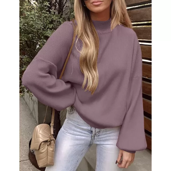 imageZESICA Womens 2023 Casual Turtleneck Long Lantern Sleeve Oversized Ribbed Knit Pullover Sweater Jumper TopDarkviolet