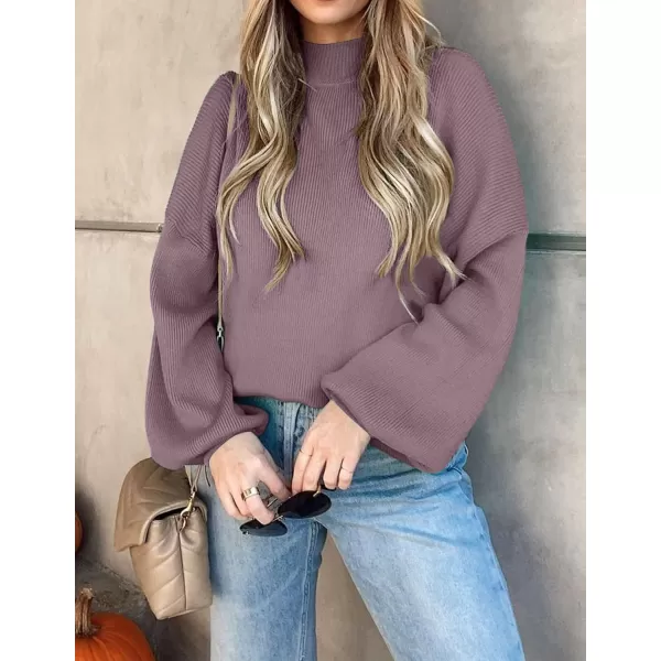 imageZESICA Womens 2023 Casual Turtleneck Long Lantern Sleeve Oversized Ribbed Knit Pullover Sweater Jumper TopDarkviolet