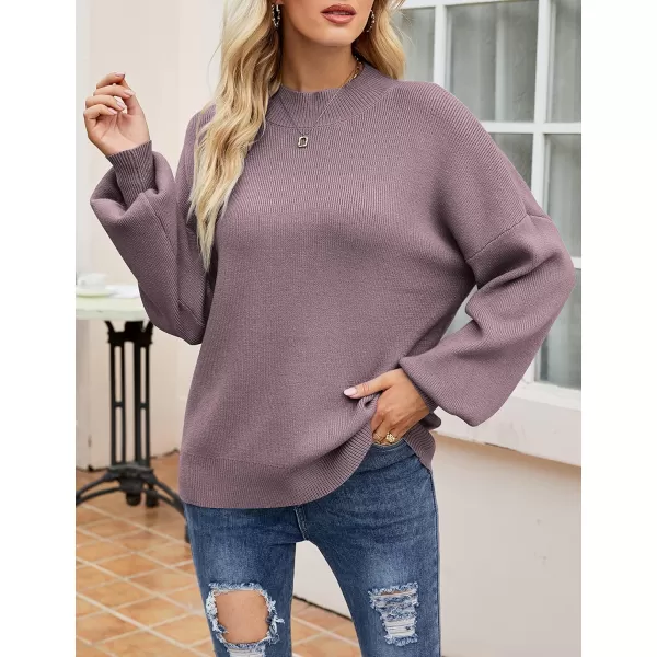 imageZESICA Womens 2023 Casual Turtleneck Long Lantern Sleeve Oversized Ribbed Knit Pullover Sweater Jumper TopDarkviolet