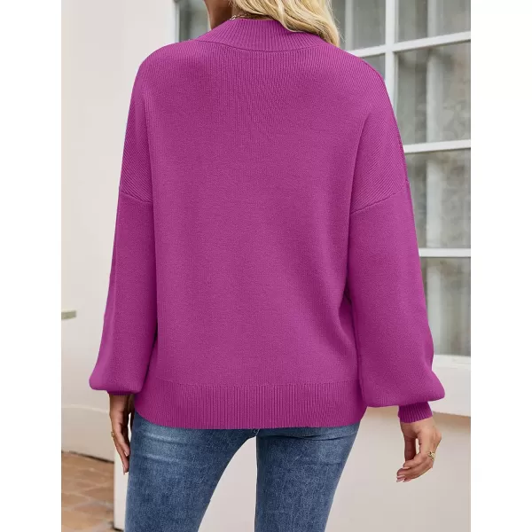 imageZESICA Womens 2023 Casual Turtleneck Long Lantern Sleeve Oversized Ribbed Knit Pullover Sweater Jumper TopEggplant