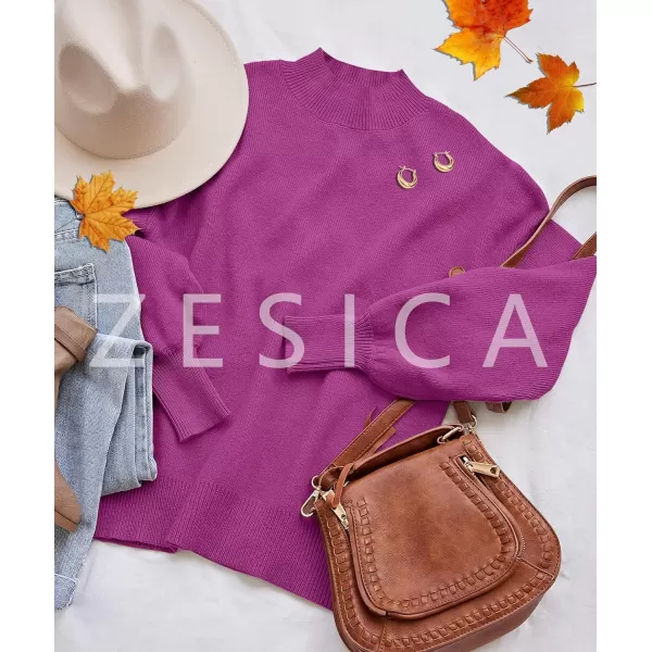 imageZESICA Womens 2023 Casual Turtleneck Long Lantern Sleeve Oversized Ribbed Knit Pullover Sweater Jumper TopEggplant