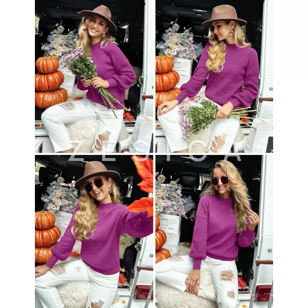 imageZESICA Womens 2023 Casual Turtleneck Long Lantern Sleeve Oversized Ribbed Knit Pullover Sweater Jumper TopEggplant