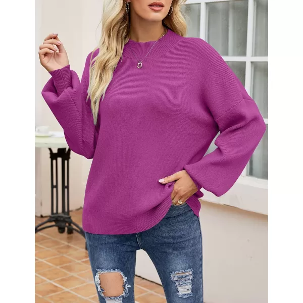 imageZESICA Womens 2023 Casual Turtleneck Long Lantern Sleeve Oversized Ribbed Knit Pullover Sweater Jumper TopEggplant