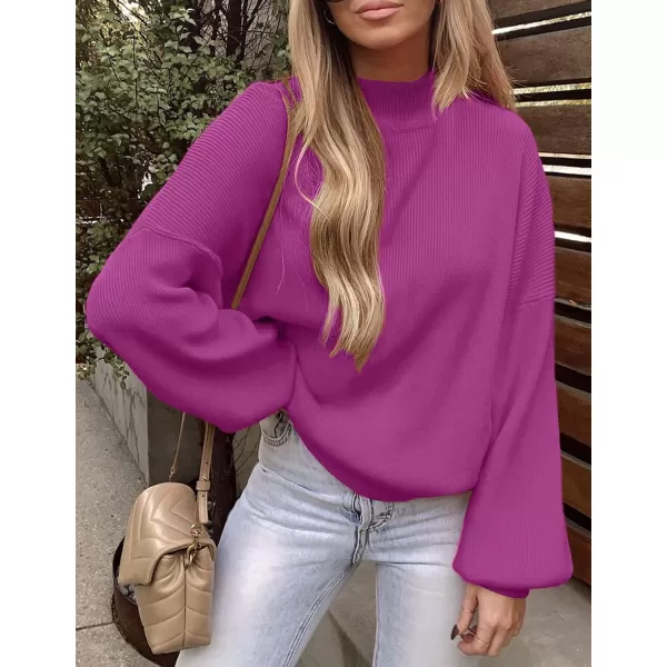 imageZESICA Womens 2023 Casual Turtleneck Long Lantern Sleeve Oversized Ribbed Knit Pullover Sweater Jumper TopEggplant