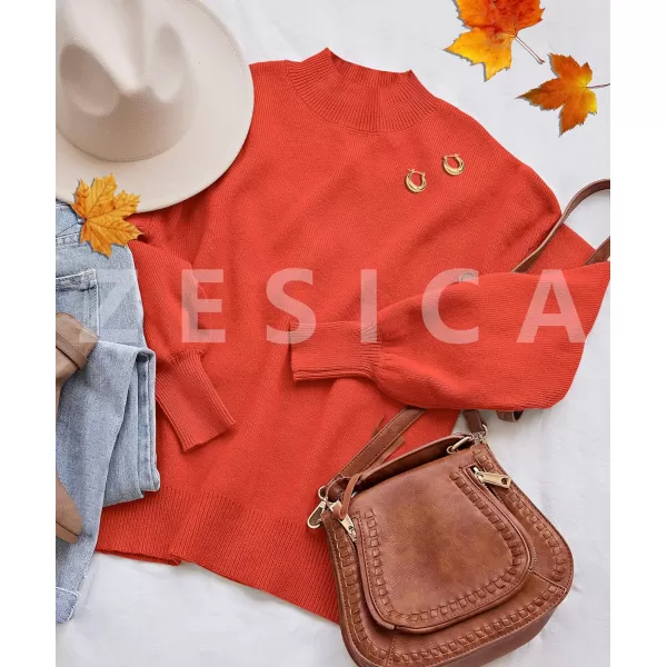 imageZESICA Womens 2023 Casual Turtleneck Long Lantern Sleeve Oversized Ribbed Knit Pullover Sweater Jumper TopFirered