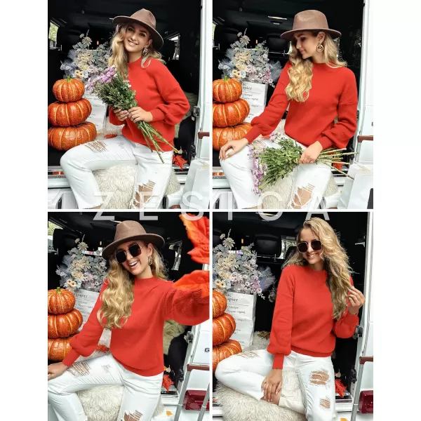imageZESICA Womens 2023 Casual Turtleneck Long Lantern Sleeve Oversized Ribbed Knit Pullover Sweater Jumper TopFirered