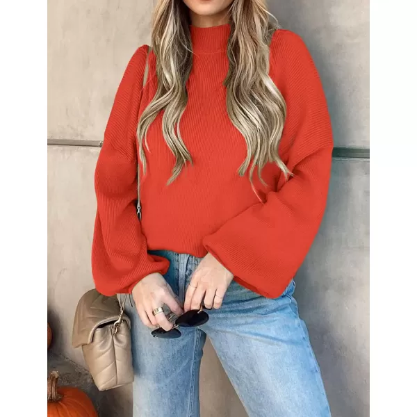 imageZESICA Womens 2023 Casual Turtleneck Long Lantern Sleeve Oversized Ribbed Knit Pullover Sweater Jumper TopFirered