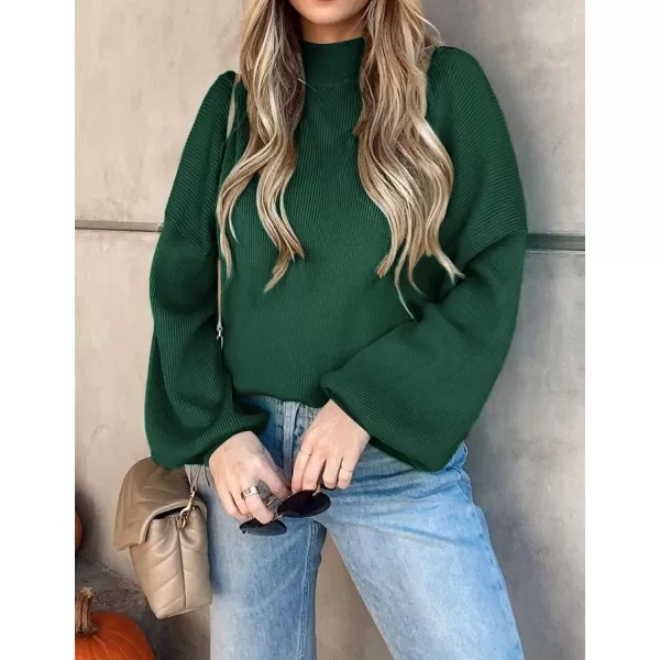 imageZESICA Womens 2023 Casual Turtleneck Long Lantern Sleeve Oversized Ribbed Knit Pullover Sweater Jumper TopForestgreen