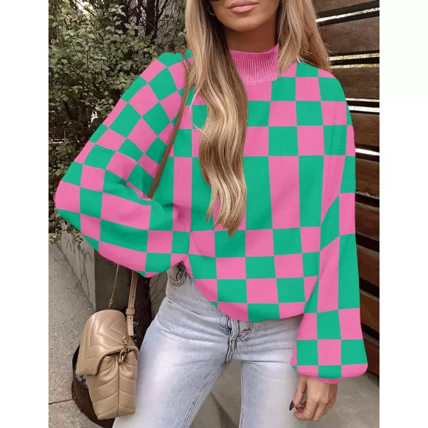 imageZESICA Womens 2023 Casual Turtleneck Long Lantern Sleeve Oversized Ribbed Knit Pullover Sweater Jumper TopGreenplaid