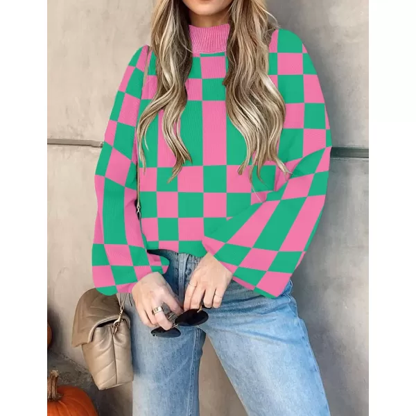 imageZESICA Womens 2023 Casual Turtleneck Long Lantern Sleeve Oversized Ribbed Knit Pullover Sweater Jumper TopGreenplaid