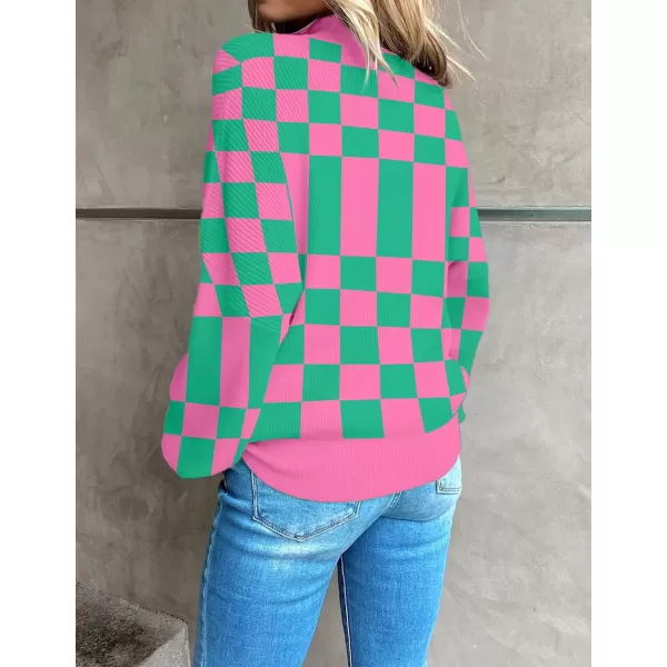 imageZESICA Womens 2023 Casual Turtleneck Long Lantern Sleeve Oversized Ribbed Knit Pullover Sweater Jumper TopGreenplaid