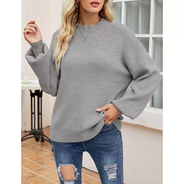 imageZESICA Womens 2023 Casual Turtleneck Long Lantern Sleeve Oversized Ribbed Knit Pullover Sweater Jumper TopGrey