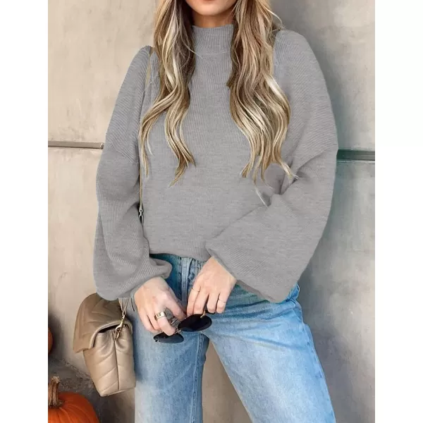 imageZESICA Womens 2023 Casual Turtleneck Long Lantern Sleeve Oversized Ribbed Knit Pullover Sweater Jumper TopGrey