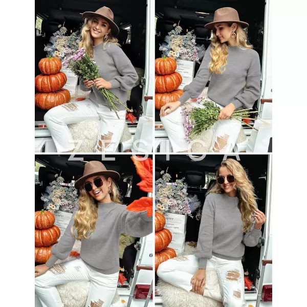 imageZESICA Womens 2023 Casual Turtleneck Long Lantern Sleeve Oversized Ribbed Knit Pullover Sweater Jumper TopGrey