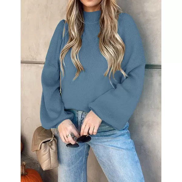 imageZESICA Womens 2023 Casual Turtleneck Long Lantern Sleeve Oversized Ribbed Knit Pullover Sweater Jumper TopGreyblue
