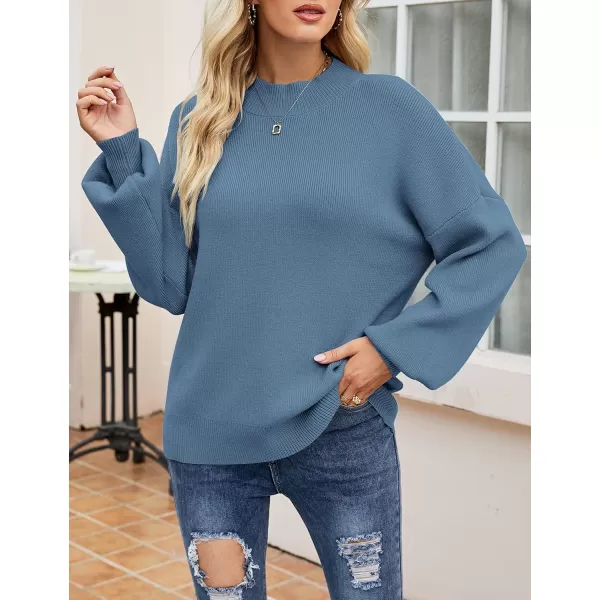 imageZESICA Womens 2023 Casual Turtleneck Long Lantern Sleeve Oversized Ribbed Knit Pullover Sweater Jumper TopGreyblue