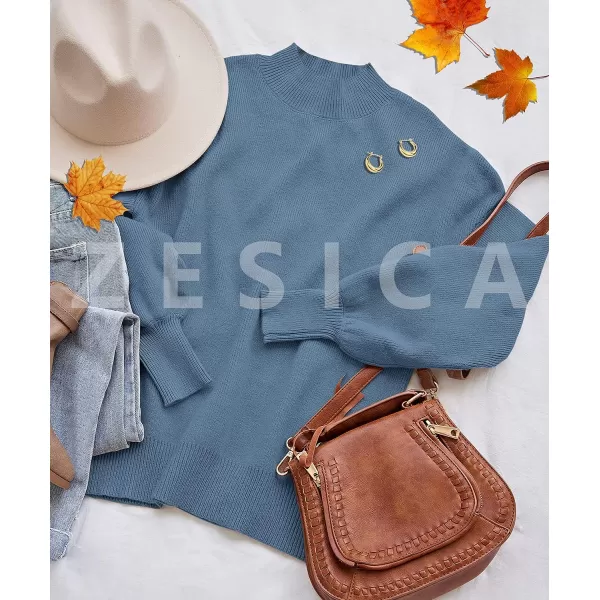 imageZESICA Womens 2023 Casual Turtleneck Long Lantern Sleeve Oversized Ribbed Knit Pullover Sweater Jumper TopGreyblue